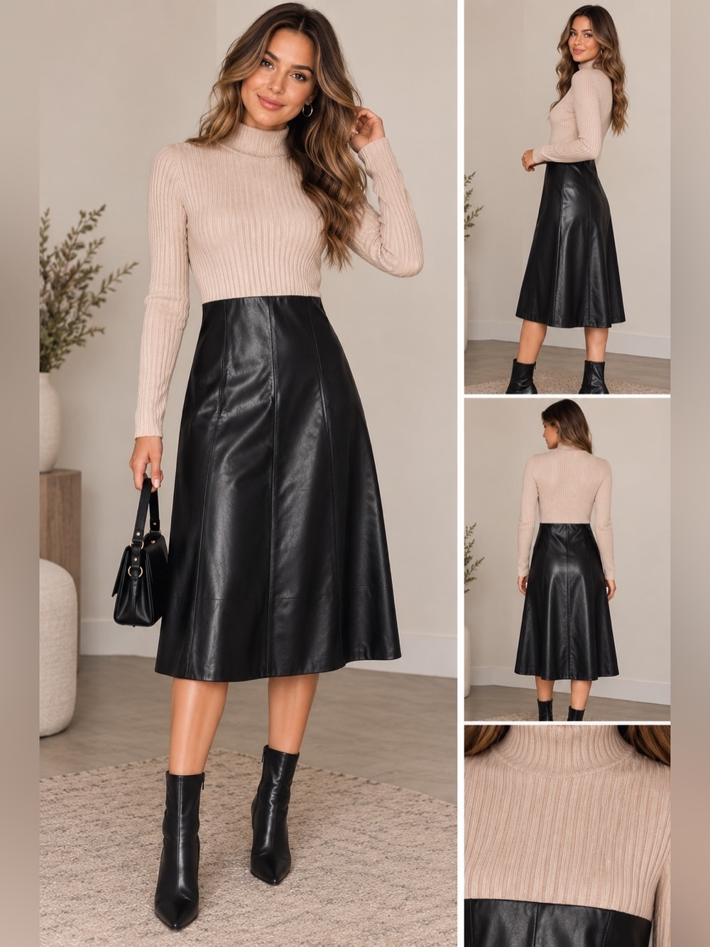 ✨ Maison Tara Knit Faux Leather Long Sleeve Dress